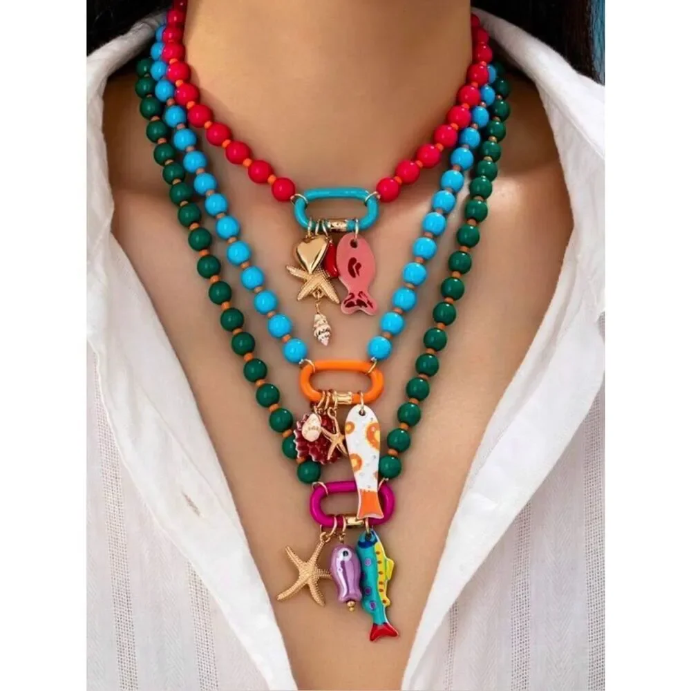 Beaded blue Necklace with Sea Charm A1899